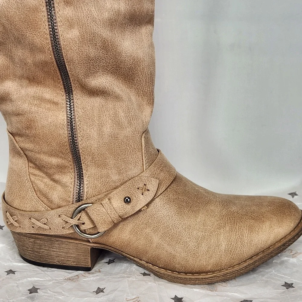 Very G Merlot Boots Women Size 8 Cream Distressed Slouchy Knee High Harness Zip